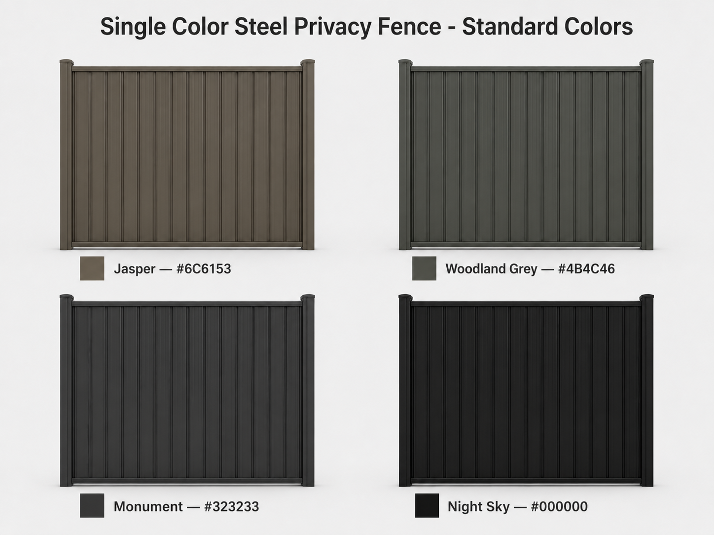 Four standard steel privacy fence colors